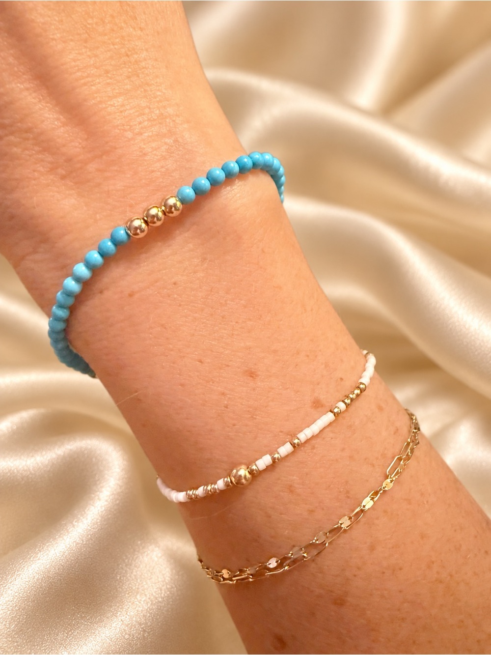 14K Gold & Turquoise Beaded Stretch Bracelet – Three Gold Accent Beads